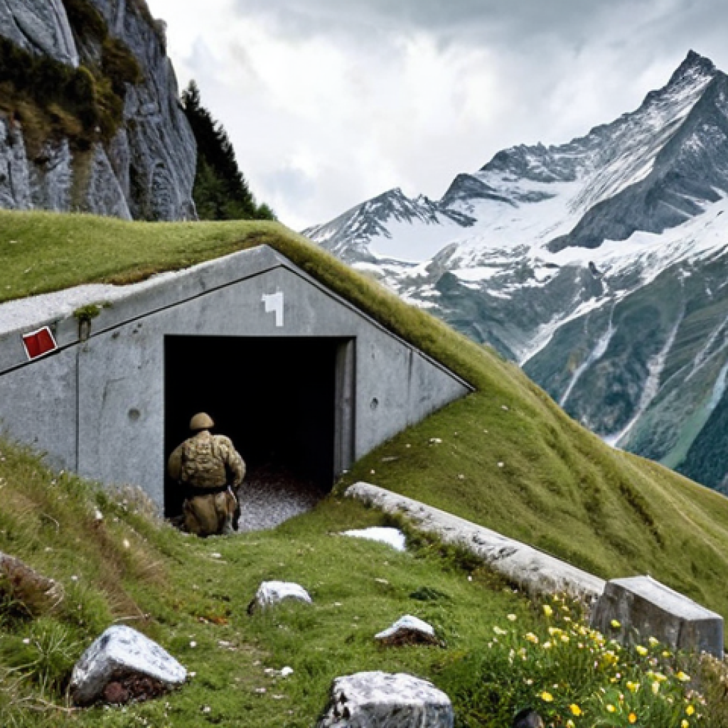 **

A hidden Swiss military bunker nestled deep within the Alps. The bunker's entrance is cleverly disguised with natural materials like rocks and vegetation, blending seamlessly into the mountainside. Soldiers in Swiss military uniforms are operating equipment inside, with a view of a snowy mountain peak through a small opening. Dramatic lighting enhances the sense of secrecy and preparedness.

**