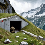 **

A hidden Swiss military bunker nestled deep within the Alps. The bunker's entrance is cleverly disguised with natural materials like rocks and vegetation, blending seamlessly into the mountainside. Soldiers in Swiss military uniforms are operating equipment inside, with a view of a snowy mountain peak through a small opening. Dramatic lighting enhances the sense of secrecy and preparedness.

**