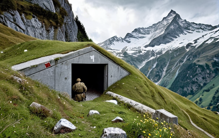 **

A hidden Swiss military bunker nestled deep within the Alps. The bunker's entrance is cleverly disguised with natural materials like rocks and vegetation, blending seamlessly into the mountainside. Soldiers in Swiss military uniforms are operating equipment inside, with a view of a snowy mountain peak through a small opening. Dramatic lighting enhances the sense of secrecy and preparedness.

**