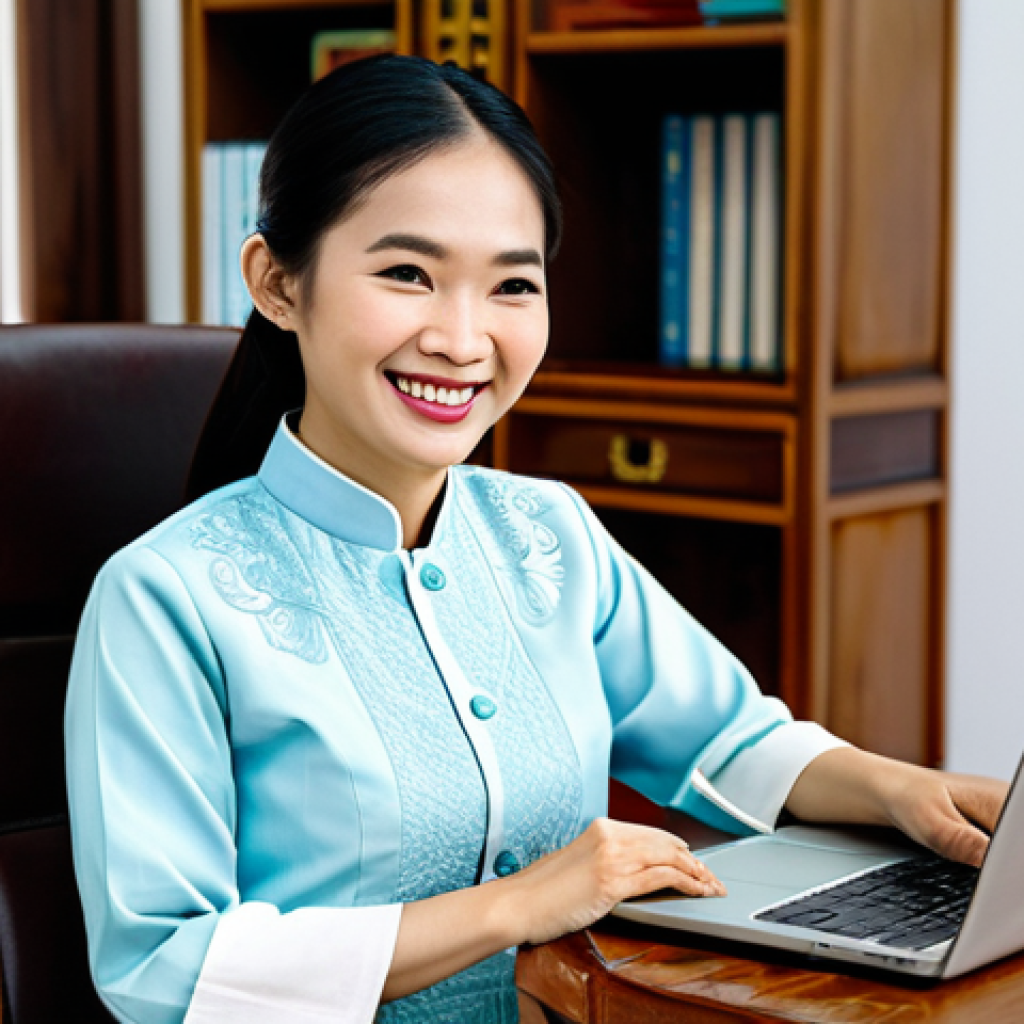 **

"A professional woman in a modest Ao Dai (traditional Vietnamese dress), sitting at a beautifully carved wooden desk in a bright, modern co-working space in Ho Chi Minh City. She is reviewing documents and smiling slightly. Laptop and coffee cup are on the desk. Fully clothed, appropriate attire, safe for work, perfect anatomy, natural proportions, professional photography, high quality, family-friendly."

**
