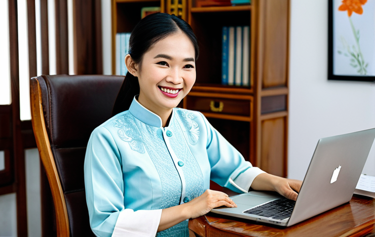 **

"A professional woman in a modest Ao Dai (traditional Vietnamese dress), sitting at a beautifully carved wooden desk in a bright, modern co-working space in Ho Chi Minh City. She is reviewing documents and smiling slightly. Laptop and coffee cup are on the desk. Fully clothed, appropriate attire, safe for work, perfect anatomy, natural proportions, professional photography, high quality, family-friendly."

**
