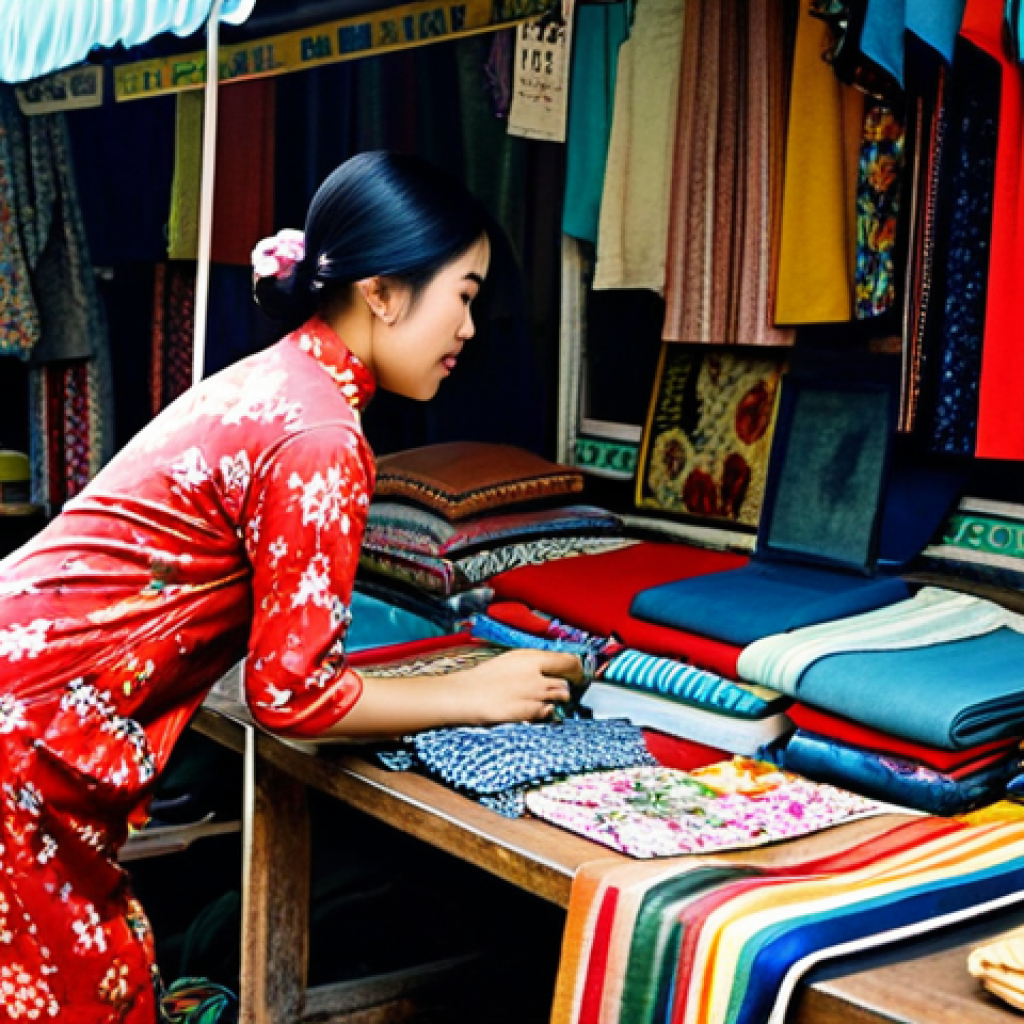 **

"A young Vietnamese woman browsing a vintage clothing stall at a bustling Hanoi market, wearing a modest Ao Dai with a 1960s floral print, surrounded by colorful textiles and vintage accessories. Safe for work, appropriate content, fully clothed, professional photography, perfect anatomy, natural proportions, family-friendly, high quality, natural lighting."

**