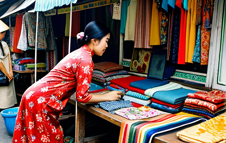 **

"A young Vietnamese woman browsing a vintage clothing stall at a bustling Hanoi market, wearing a modest Ao Dai with a 1960s floral print, surrounded by colorful textiles and vintage accessories. Safe for work, appropriate content, fully clothed, professional photography, perfect anatomy, natural proportions, family-friendly, high quality, natural lighting."

**