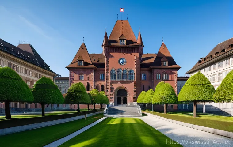 스위스 국립 박물관 탐방 - A breathtaking, grand exterior view of the Swiss National Museum in Zurich, resembling a magnificent...