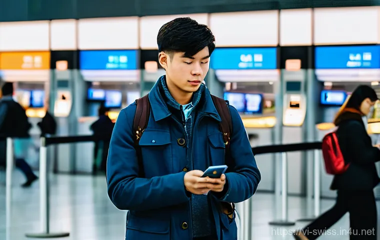 스위스에서 인터넷과 휴대폰 사용법 - **Prompt 1: A traveler arriving at a bustling, modern Zurich Airport, looking for a SIM card. The tr...