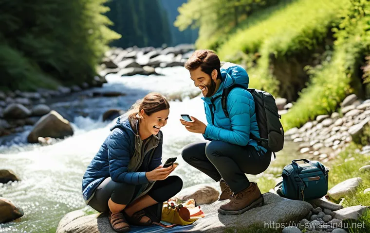 스위스에서 인터넷과 휴대폰 사용법 - **Prompt 2: A solo female traveler, dressed in stylish but practical hiking gear (layers, trekking p...