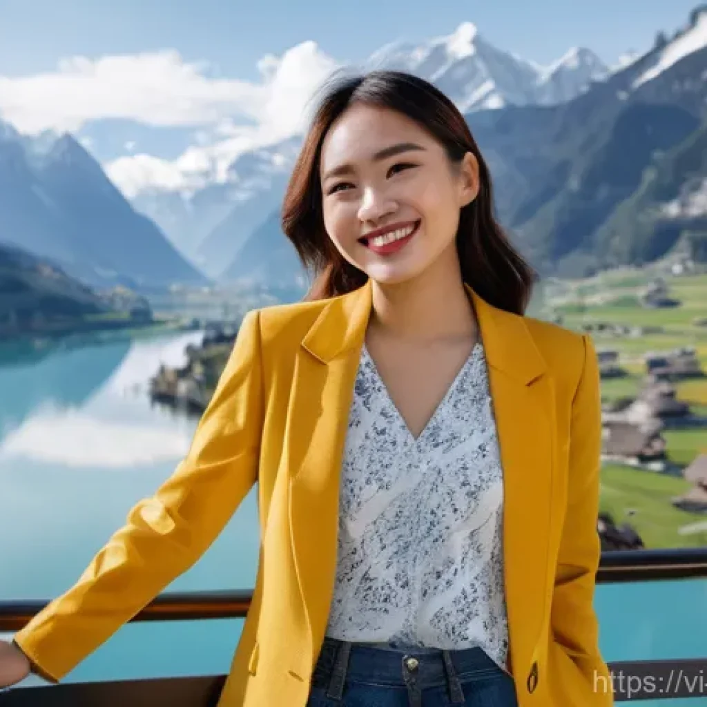 스위스 병원 및 약국 이용 방법 - A radiant young Vietnamese woman (20s-30s) stands on a modern balcony overlooking a stunning Swiss l...
