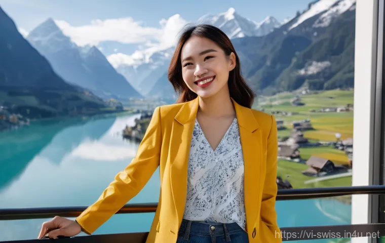 스위스 병원 및 약국 이용 방법 - A radiant young Vietnamese woman (20s-30s) stands on a modern balcony overlooking a stunning Swiss l...