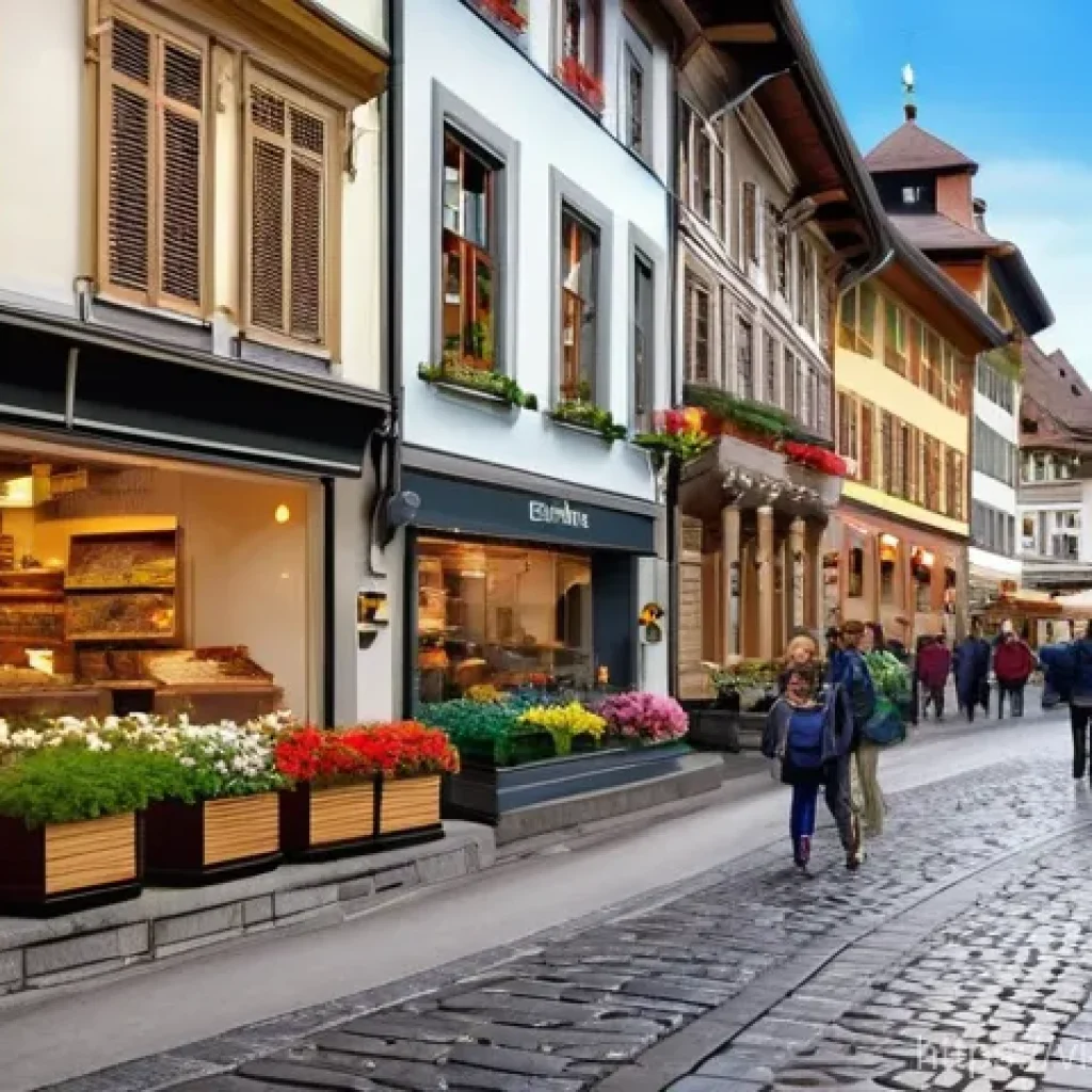 스위스 민족 구성과 특징 - **Prompt 1: Swiss Urban Life and Cultural Diversity**
    "A bustling, vibrant street scene in a pic...