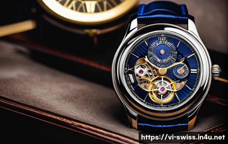 스위스 쇼핑 핫스팟 - **A high-end Swiss watch boutique.** A close-up shot of a sophisticated Swiss automatic watch displa...