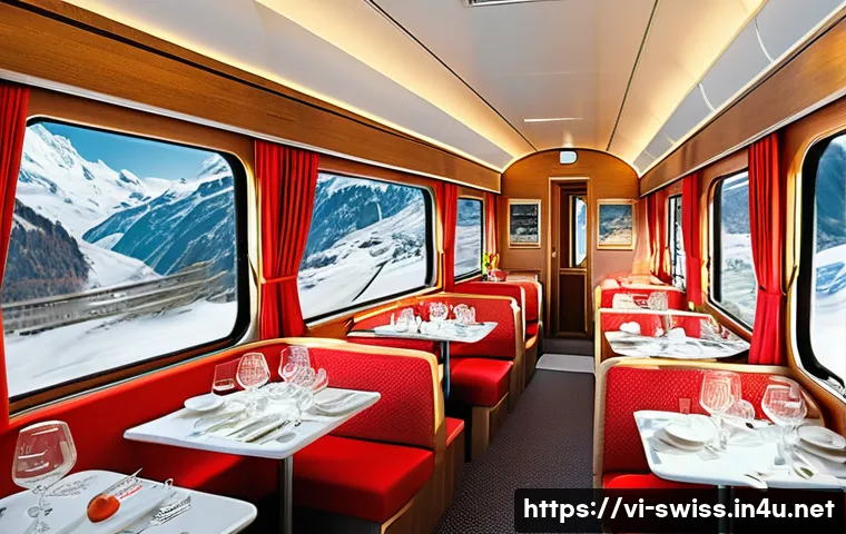스위스 기차 여행 루트 추천 - A luxurious panoramic train interior of the Glacier Express crossing the majestic Swiss Alps during ...