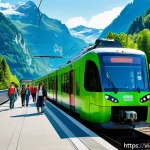 스위스 대중교통 패스 종류 비교 - A vibrant and detailed scene of a diverse group of tourists using the Swiss Travel Pass on a sunny d...