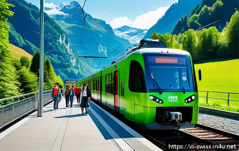 스위스 대중교통 패스 종류 비교 - A vibrant and detailed scene of a diverse group of tourists using the Swiss Travel Pass on a sunny d...