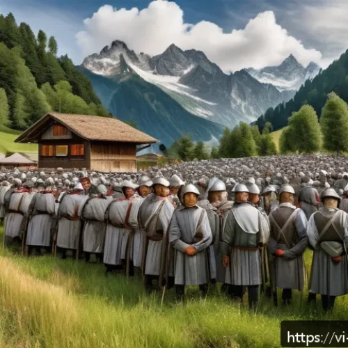 스위스의 중립국 역사 - A detailed historical scene depicting medieval Swiss cantons united in defense during internal confl...