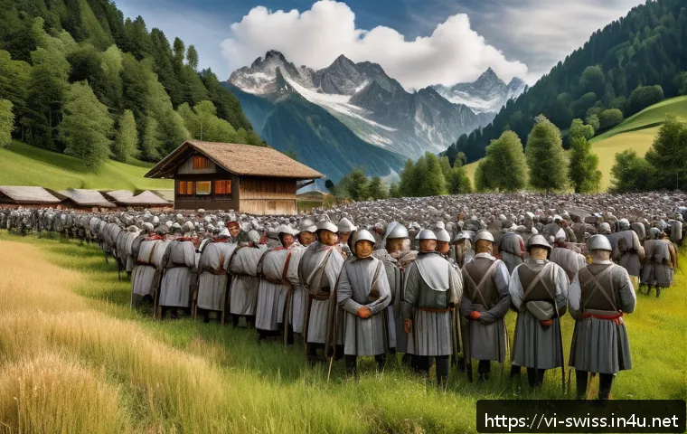 스위스의 중립국 역사 - A detailed historical scene depicting medieval Swiss cantons united in defense during internal confl...