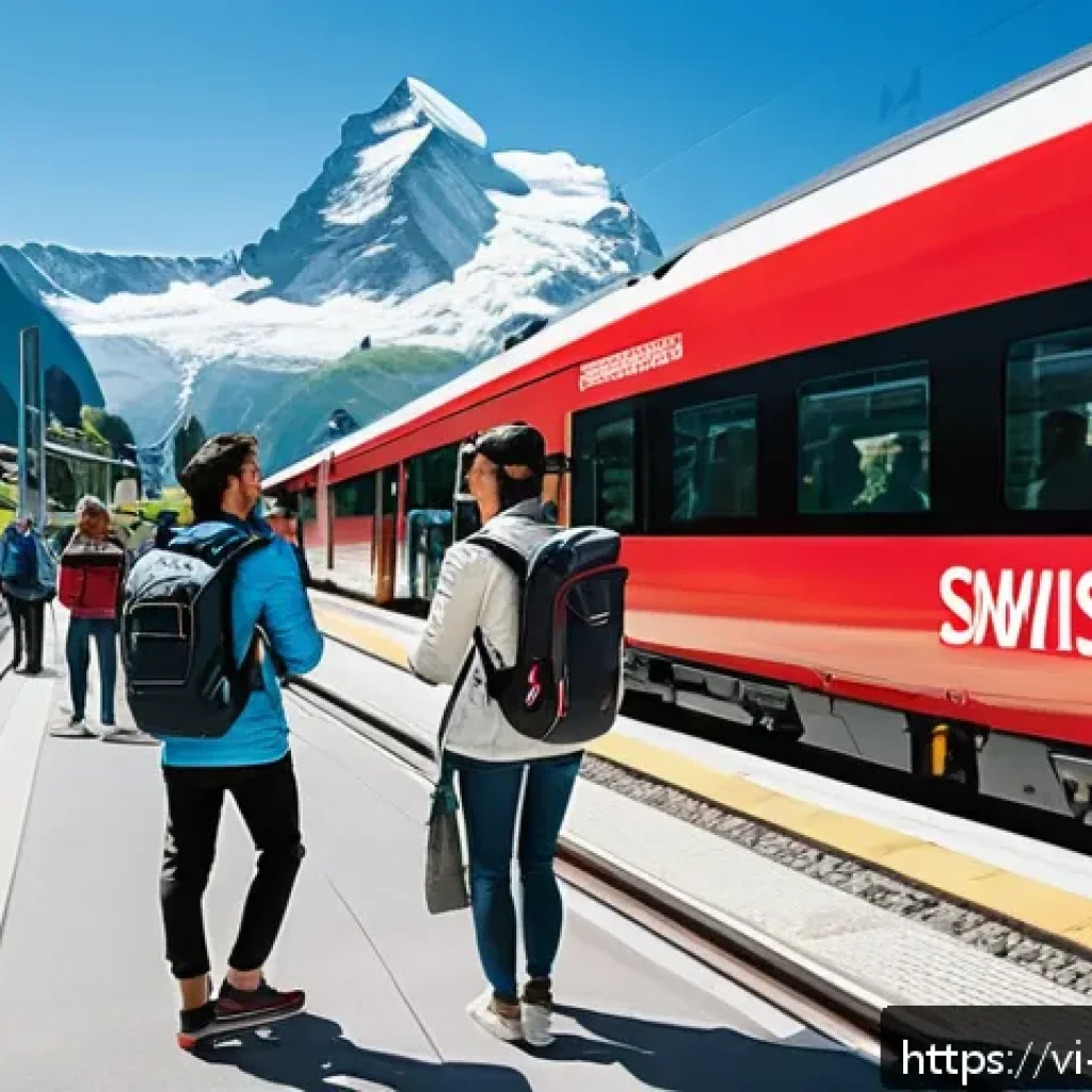 스위스에서 대중교통 할인받는 법 - A vibrant, detailed scene of tourists using public transportation in Switzerland, featuring a Swiss ...