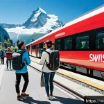 스위스에서 대중교통 할인받는 법 - A vibrant, detailed scene of tourists using public transportation in Switzerland, featuring a Swiss ...