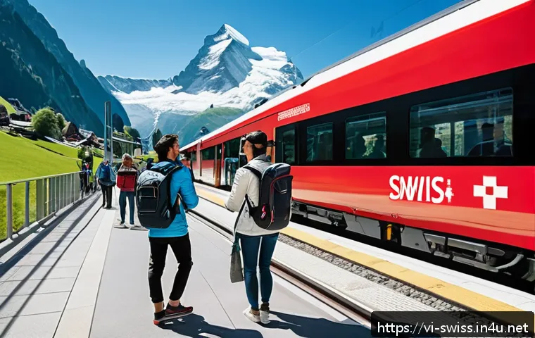 스위스에서 대중교통 할인받는 법 - A vibrant, detailed scene of tourists using public transportation in Switzerland, featuring a Swiss ...