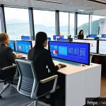 스위스의 공공 서비스 수준 - A vibrant and modern public service office in Switzerland, showcasing a clear hierarchical structure...