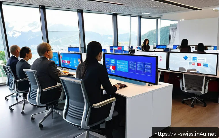 스위스의 공공 서비스 수준 - A vibrant and modern public service office in Switzerland, showcasing a clear hierarchical structure...