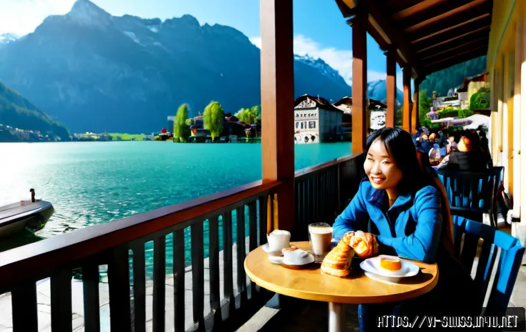 Home 17 스위스 불어권 지역과 프랑스 문화 영향 - Photorealistic lakeside café terrace in French-speaking Switzerland, elegant stone buildings and alp...