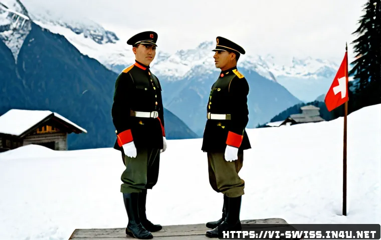 Home 17 제1차 세계대전과 스위스 중립 정책 - Photorealistic 1914 Swiss Alpine border post during World War I, two Swiss soldiers in historically ...